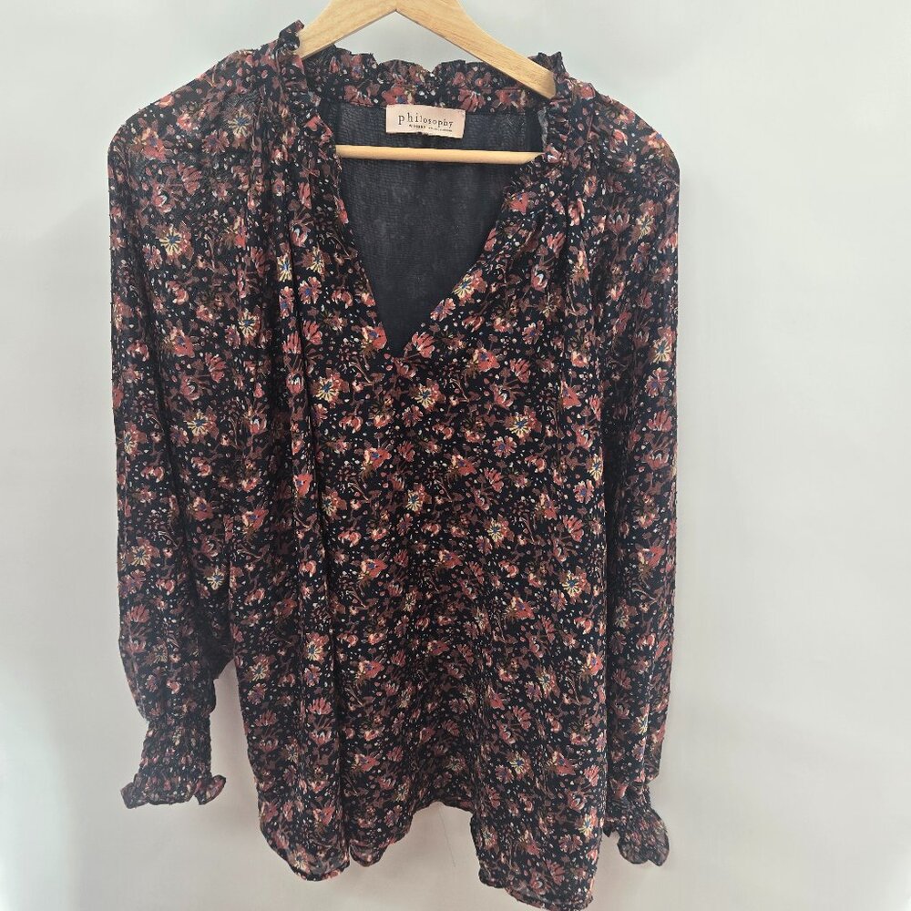 Philosophy Sheer Floral Boho Blouse Plus Ruffle V-Neck Romantic Blouse  2x